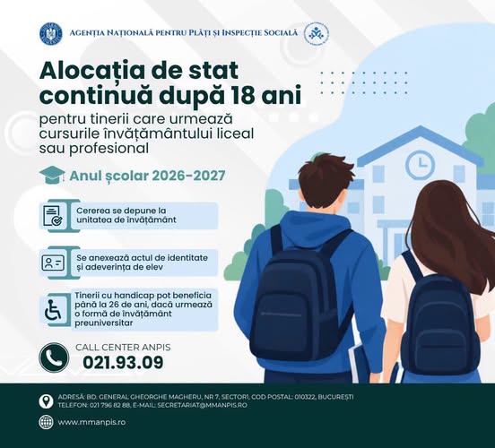 Alocația de stat se acordă în continuare tinerilor care au împlinit vârsta de 18 ani și urmează cursurile liceale sau profesionale